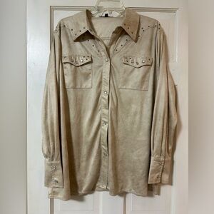 Lucky & Blessed Tan Button Down Shirt with Stud Details